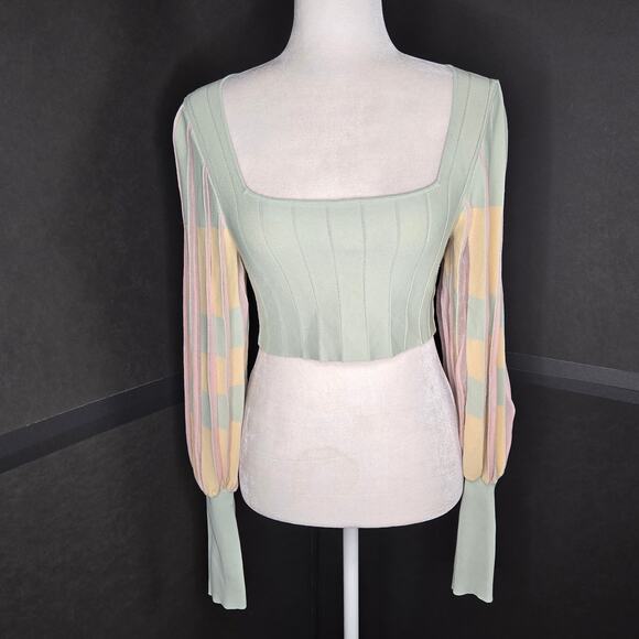 Zara EUC pleated knit cropped sweater top Small Pale green beige light pink - Picture 3 of 16
